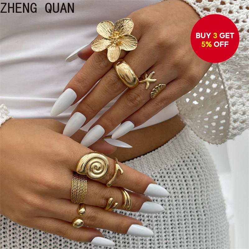 8 Piece Starfish Shell Flower Ring Set Gold Plated Adjustable Stackable Bohemian Beach Party Gift Wo