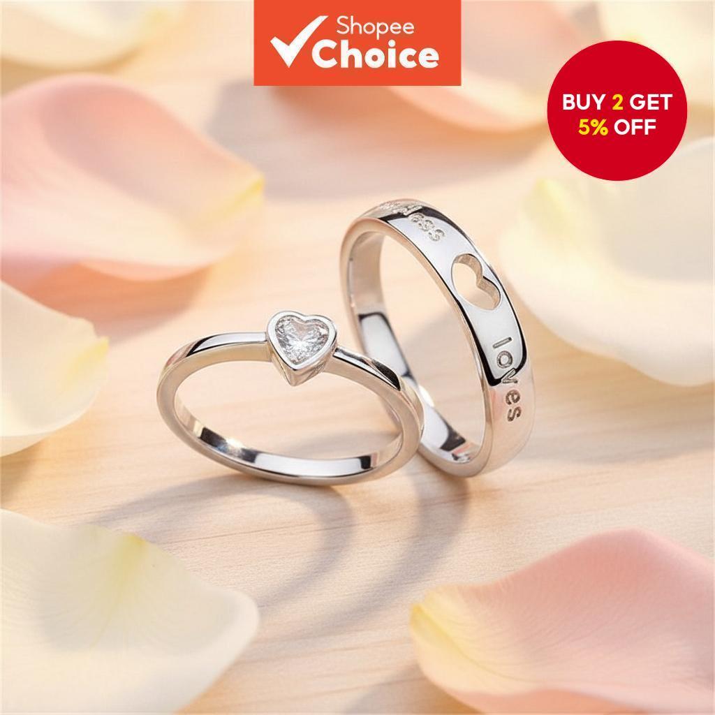 Couple Promise Rings Adjustable Letter Heart Zircon Silver Romantic Gift Set