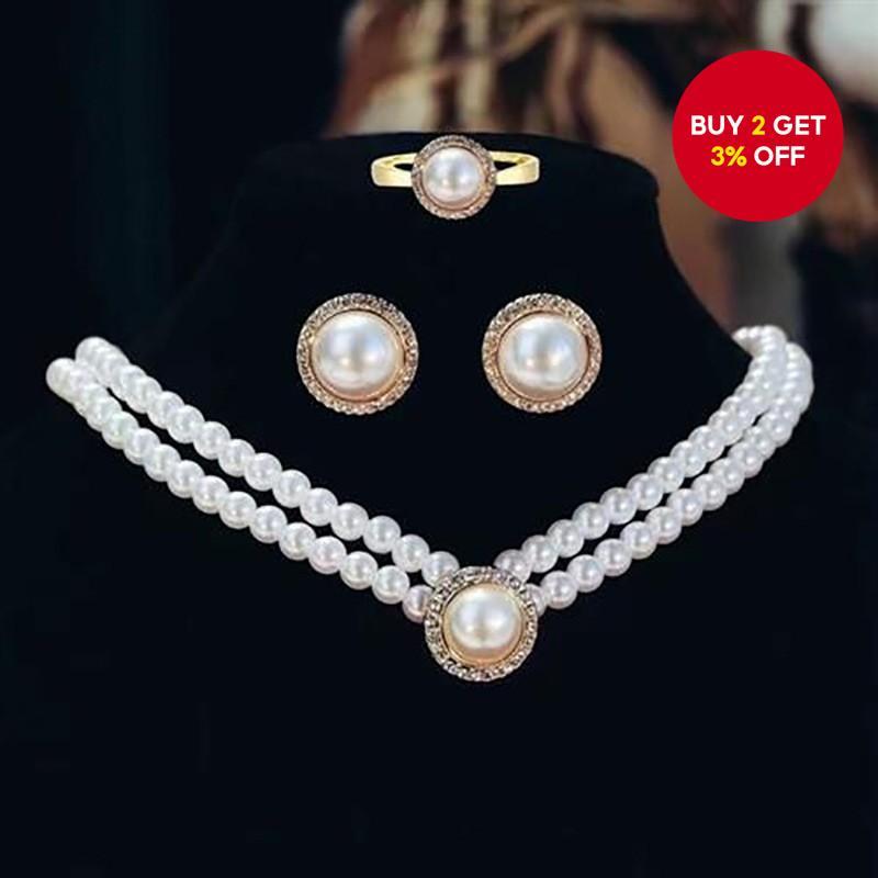 Elegant Noble Pearl Jewelry Set Necklace Earrings Ring Vintage Style Wedding Accessories