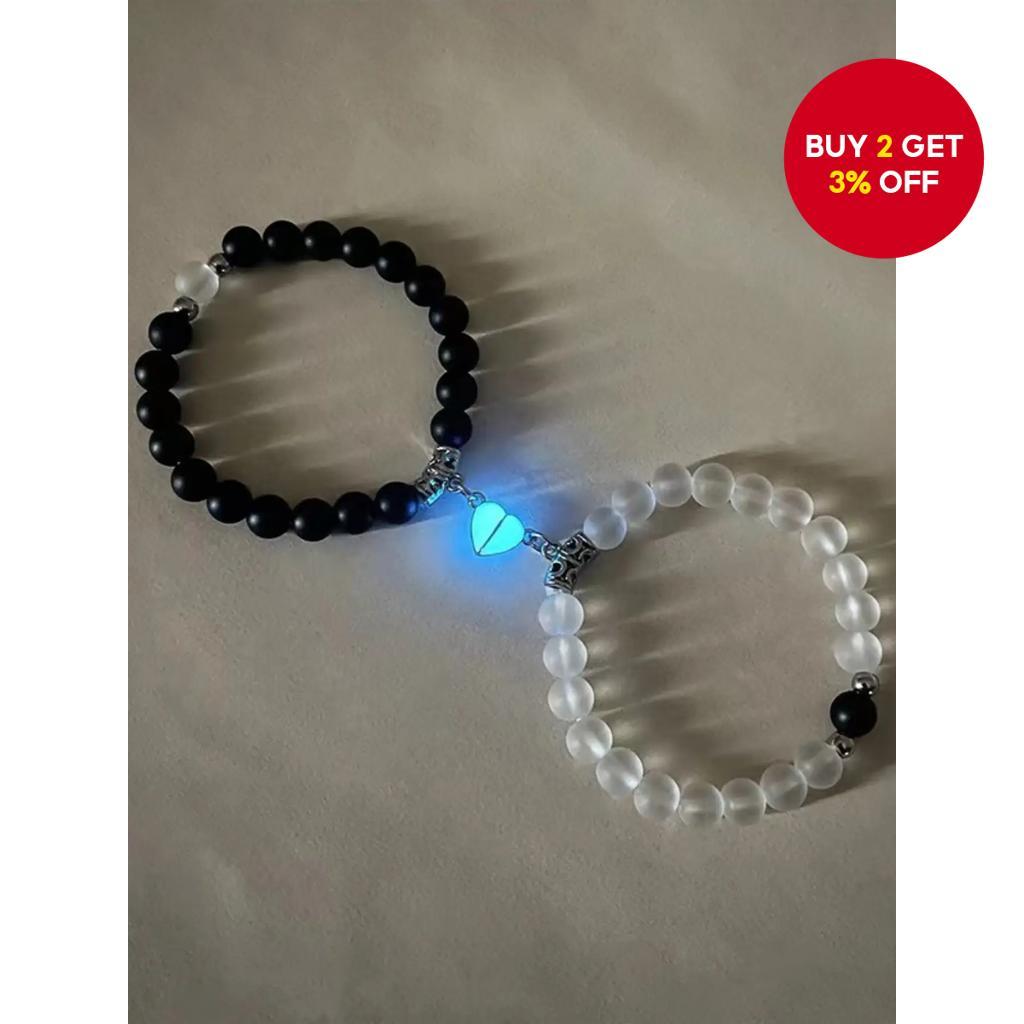 Glow in The Dark Heart Magnetic Beaded Bracelet 2Pcs Set Couple Friendship Handmade Jewelry, For Chr
