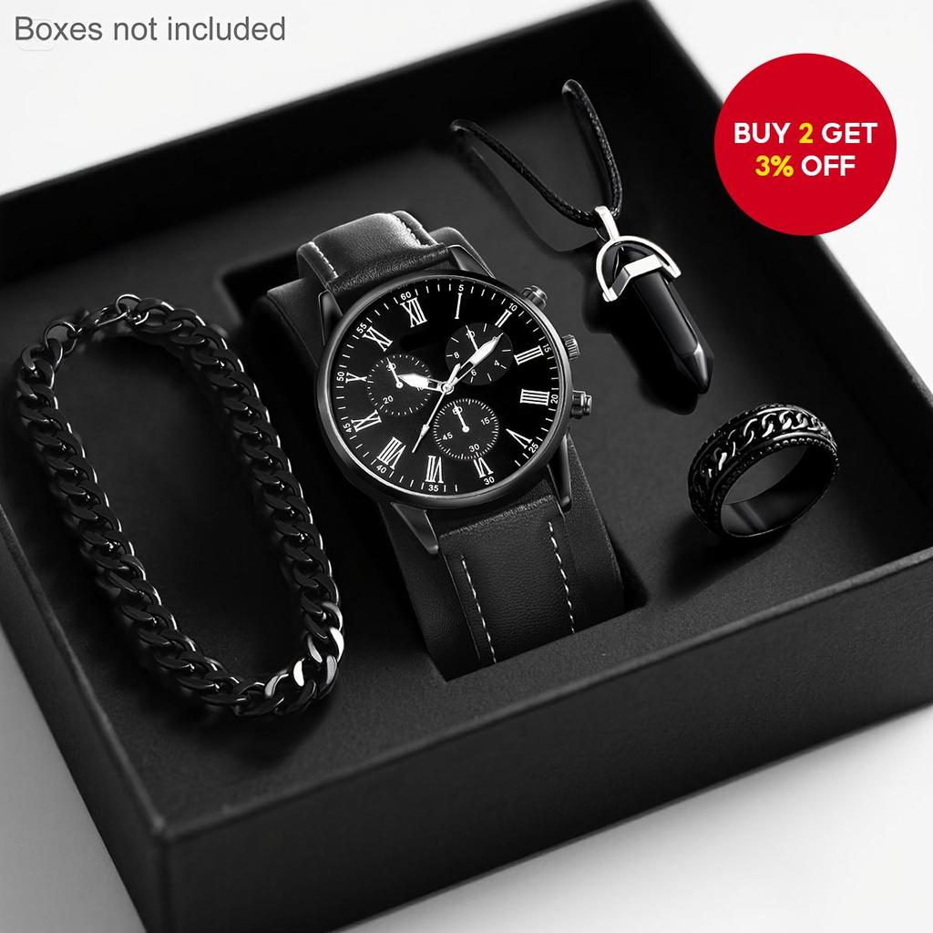 Fashion Leather Strap Men Quartz Watches Set Man Casual Wristwatch with Bracelets（Without Box）4pcs