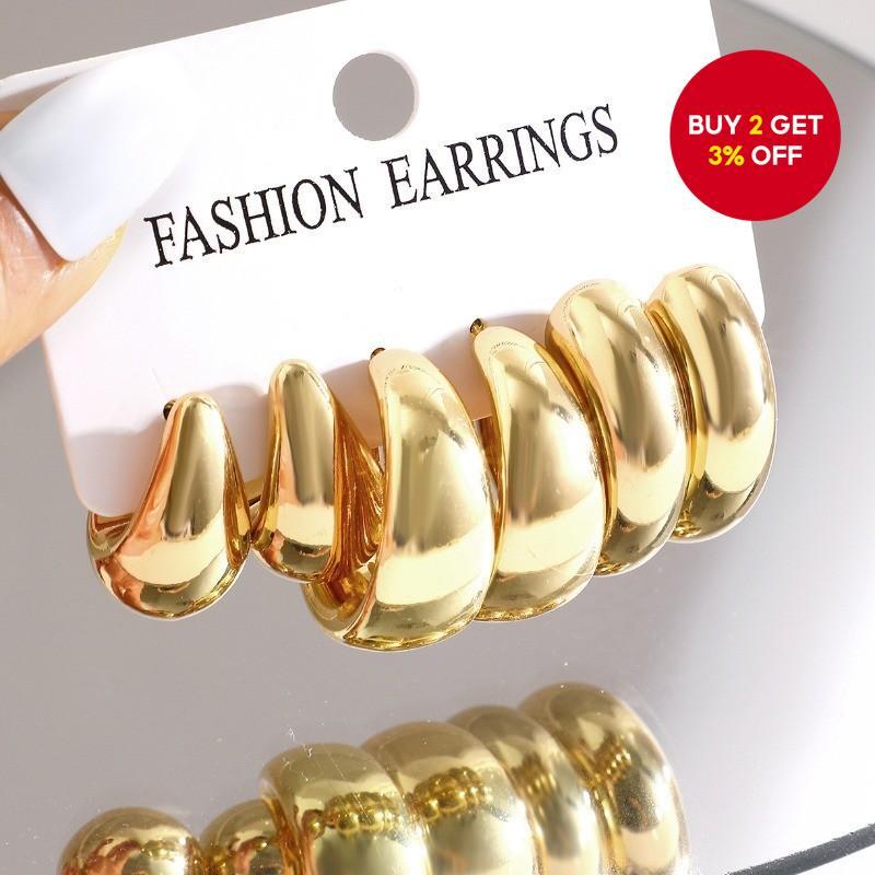 Three Pairs Women Gold C-Shaped Hoop Earrings Set Fashion Water Drop Teardrop Bean Earrings Simple D
