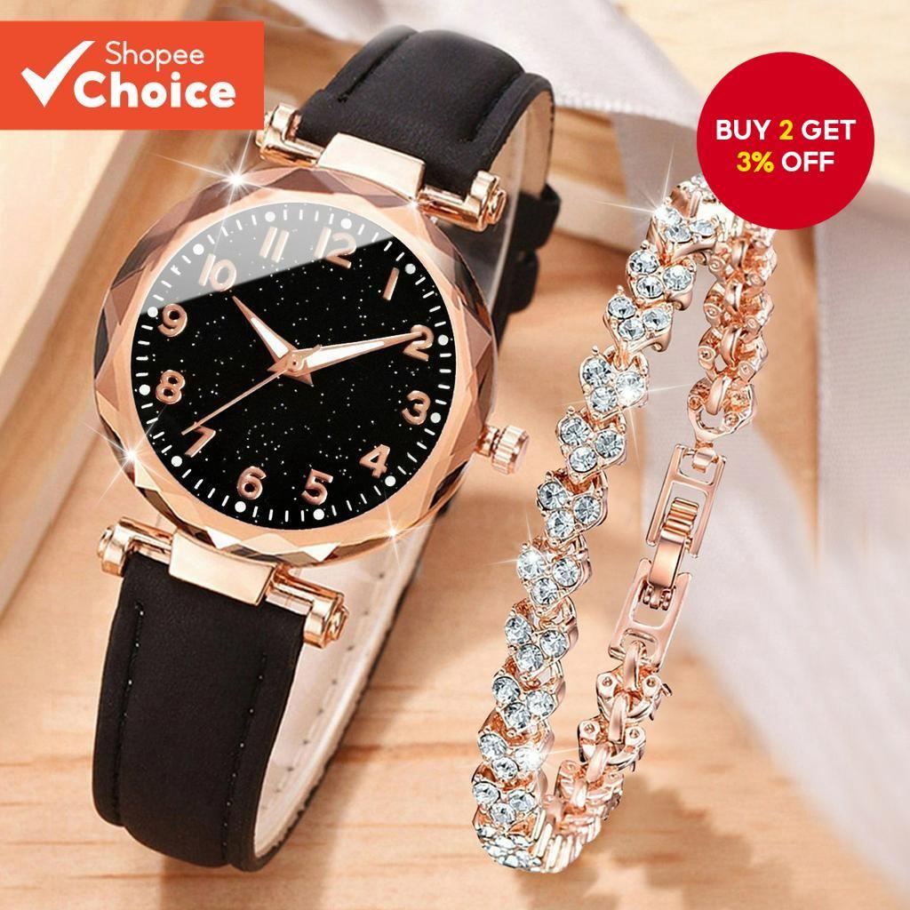 Elegant Women's Quartz Watch - Leather Strap with Scale Markings & Diamond-Studded Heart Bracelet