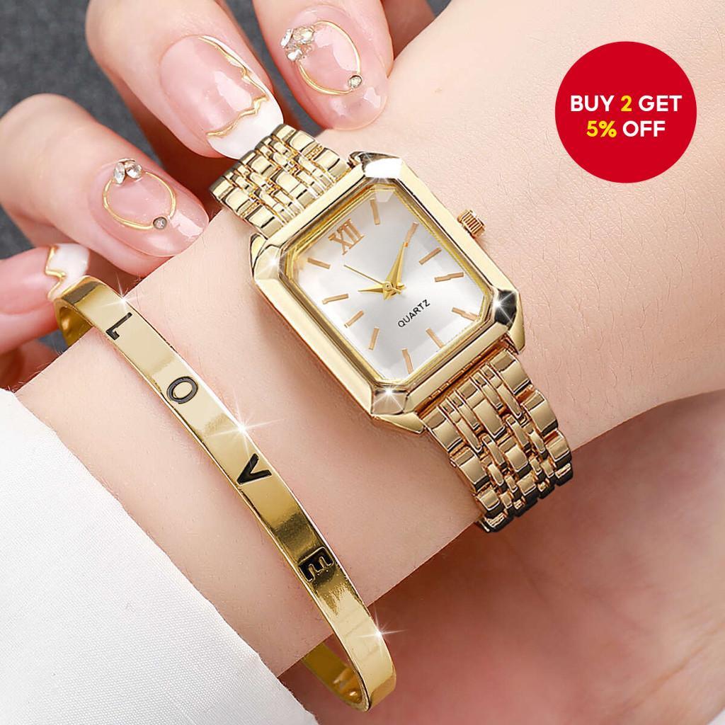 Ladies Watches Set Women Stainless Steel Quartz Casual Fashion Bracelet Watches 2pcs Gift for Her