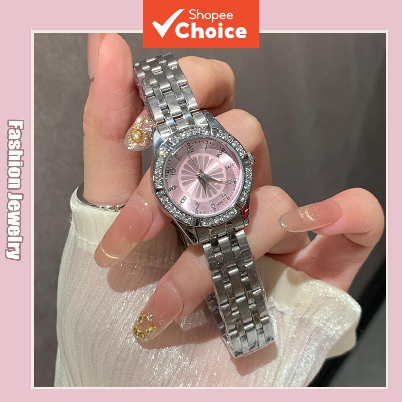 Women's Pink Dial Crystal Bezel Quartz Watch Silver Stainless Steel Bracelet Elegant Casual Wristwat