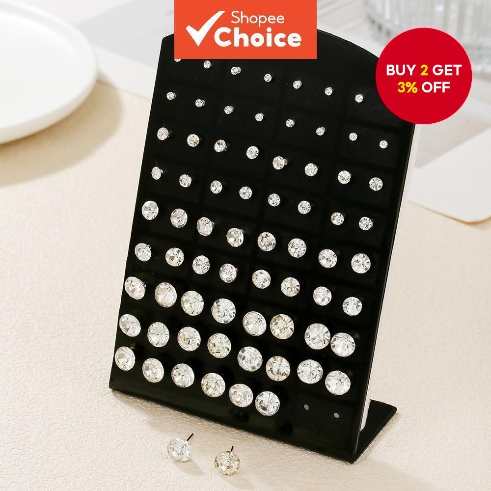 Set of 36 Pairs Elegant White Diamond Stainless Steel Earrings for Women - Simple Minimalist Jewelry