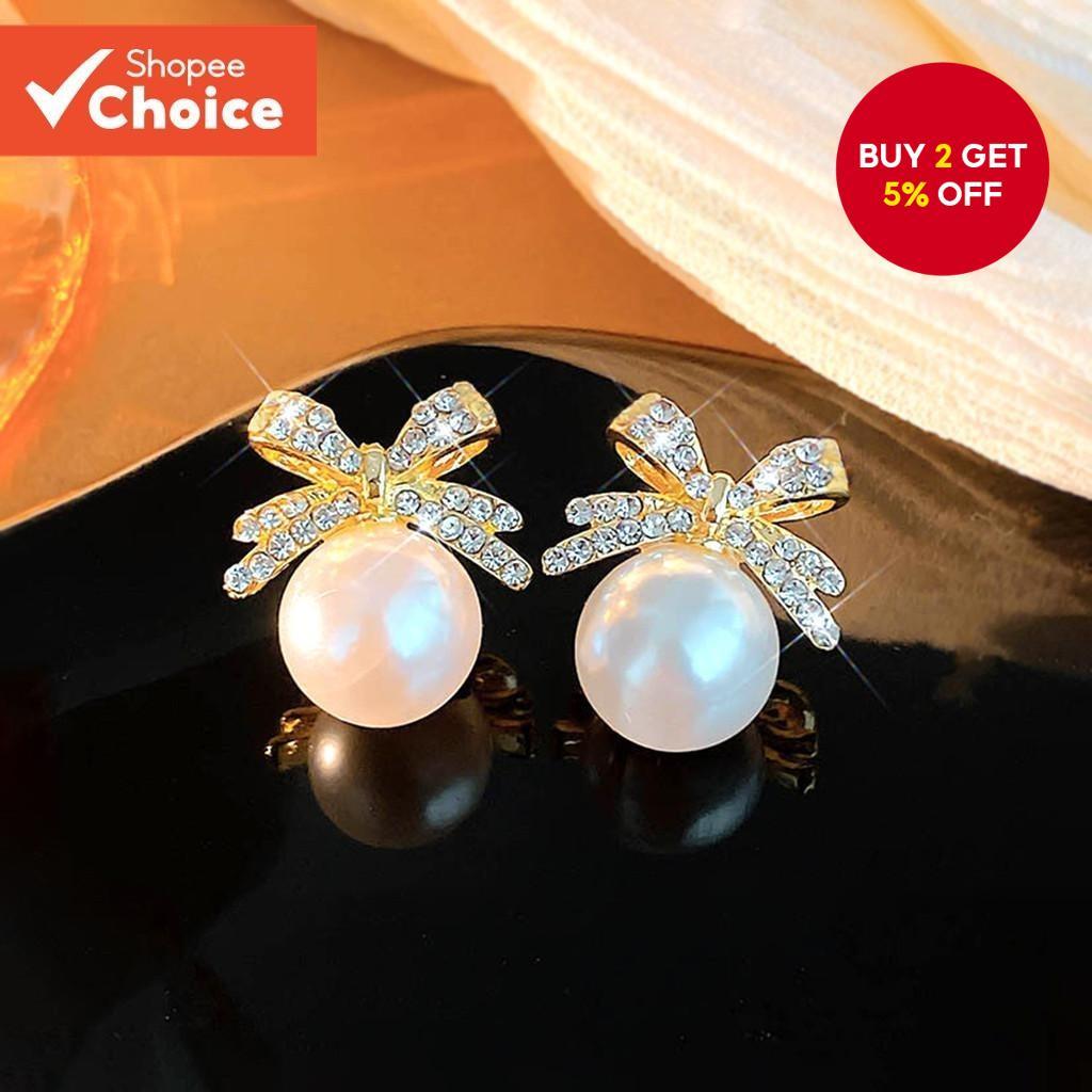 Fashion Bow Earrings with Pearl for Women Elegant Rhinestone Stud Gift