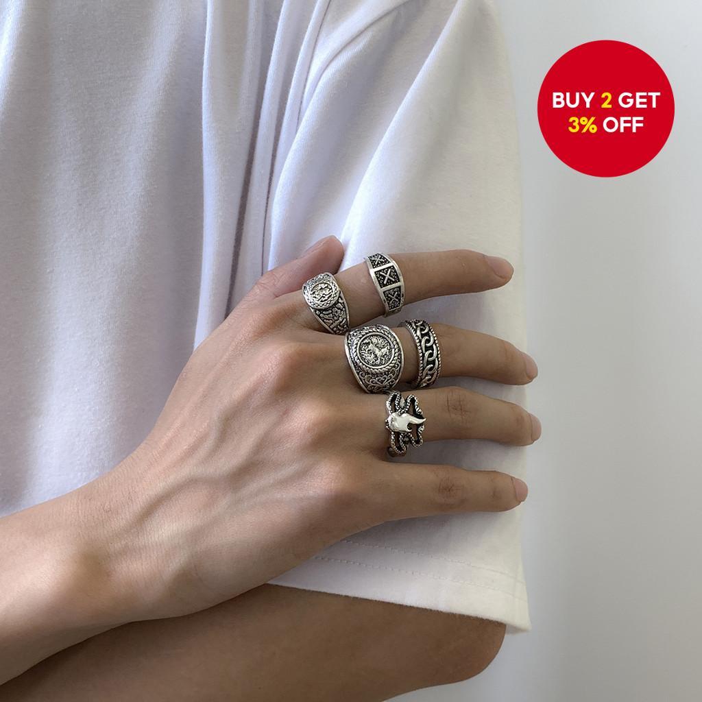 Vintage Flame Totem Ring Set Hip Hop Cool Jewelry for Men Fashion Gift