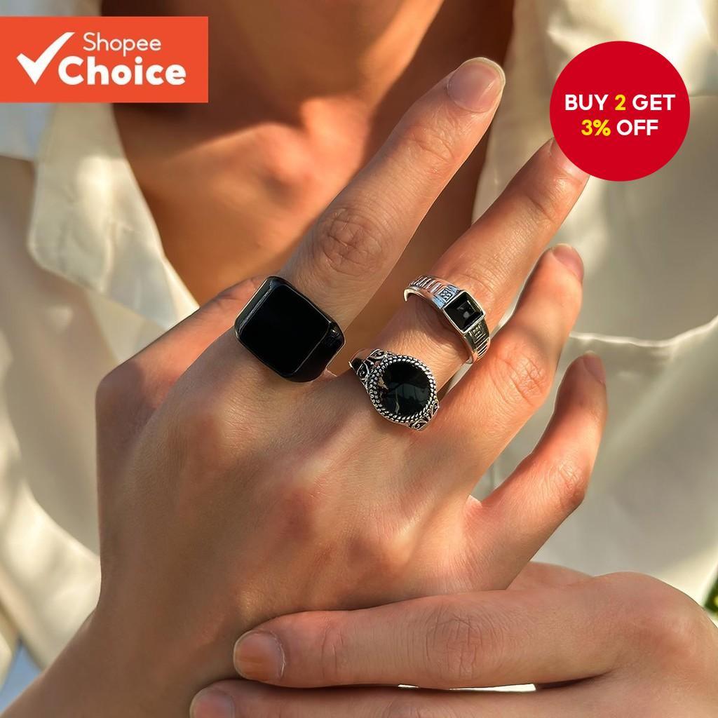 3 Pcs Stackable Black Square & Round Rings Set for Men - Cool Fashion Jewelry for Daily Wear & Hip H