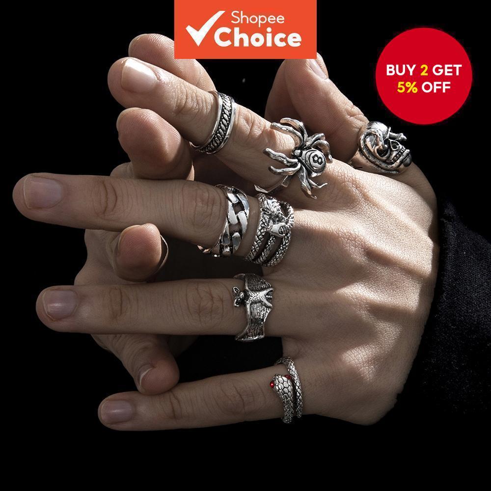7pcs New Style Retro Hip-Hop Dark Style Skull Spider 8-Character Ring Creative Unique Metal Snake Ri