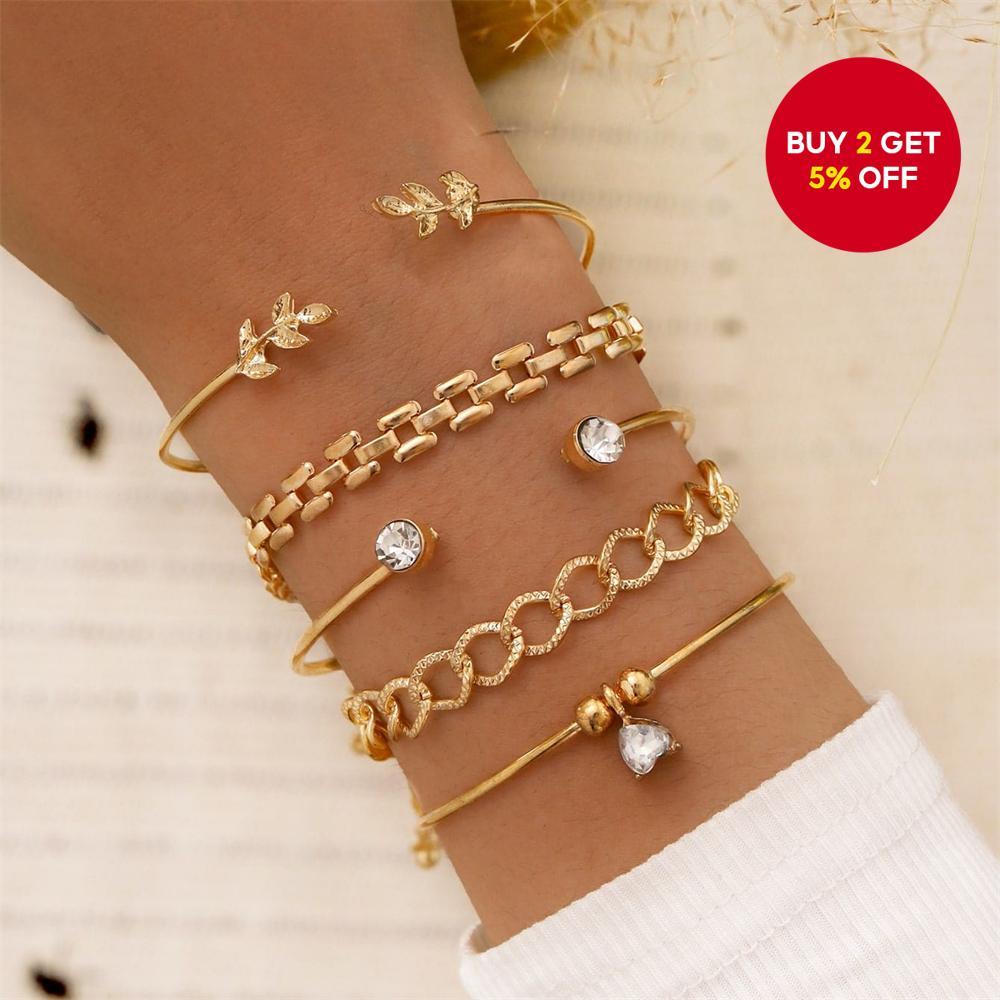 New Geometric Leaf Diamond Bracelet Vintage Metal Hollow Chain 5 Piece Set for Stylish Women