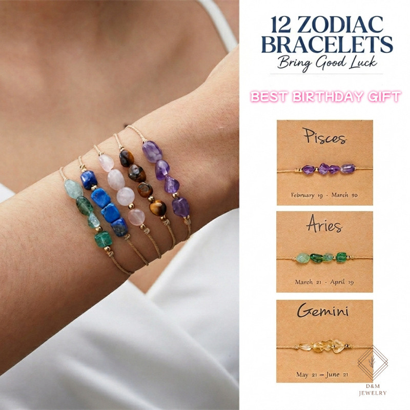 Zodiac Sign Natural Stone Bracelet Constellation Crystal Lucky Beads Handmade Braided Bangle Gift