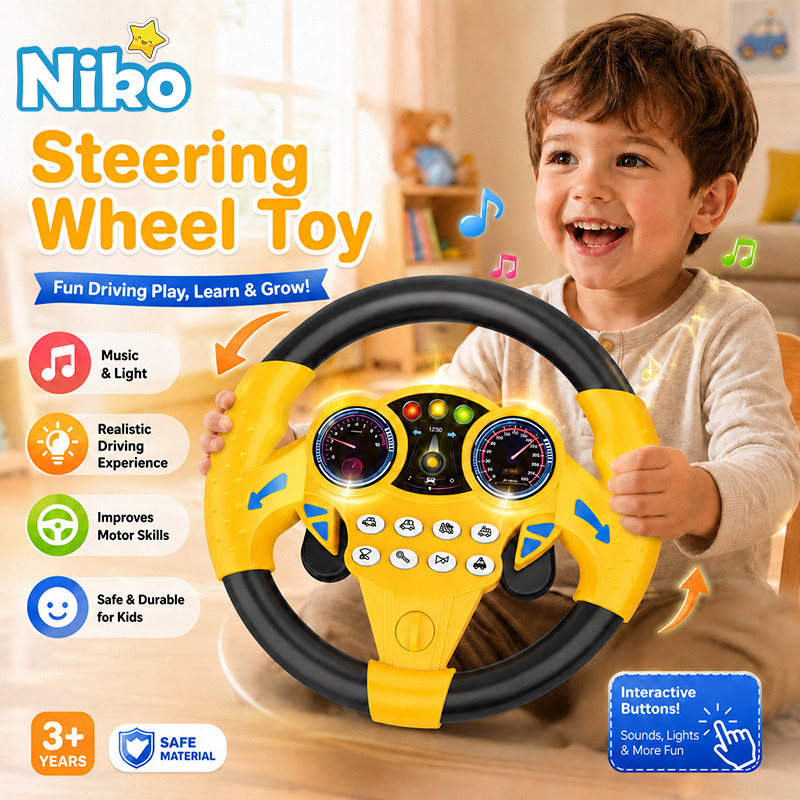 NIKO Kids Simulation Steering Wheel Toy with Music Light Interactive Buttons Driving Role Play Educa