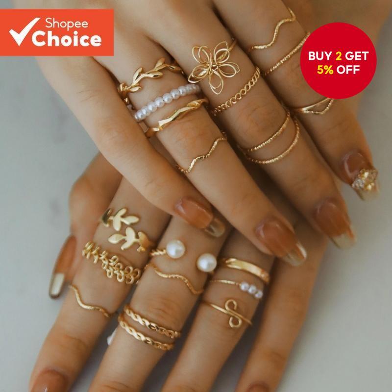 Gold Hollow Flower Leaf Pearl Stackable Rings Set 20Pcs Women Elegant Gift