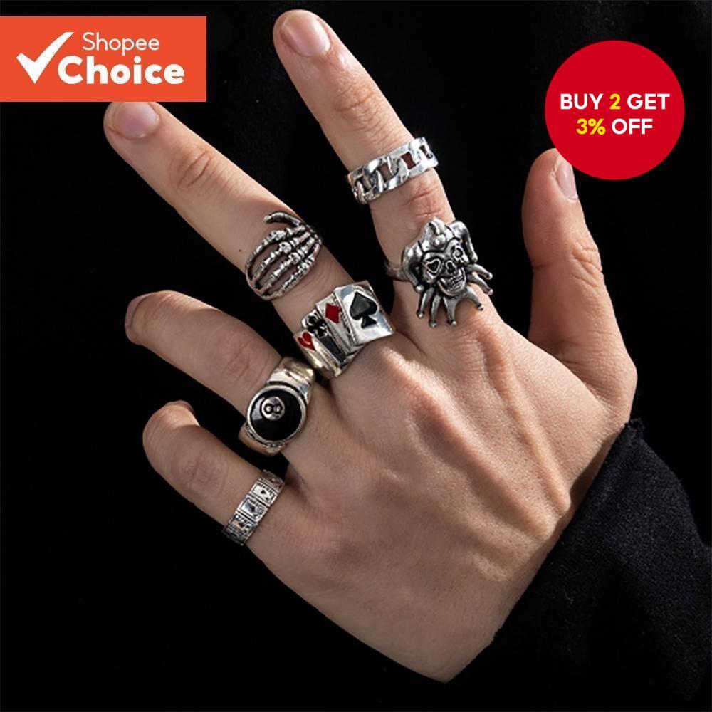 6PC Hip Hop Poker Rings Set - Gothic Skull Claw 8 Ball Statement Jewelry for Men & Women, For Christ