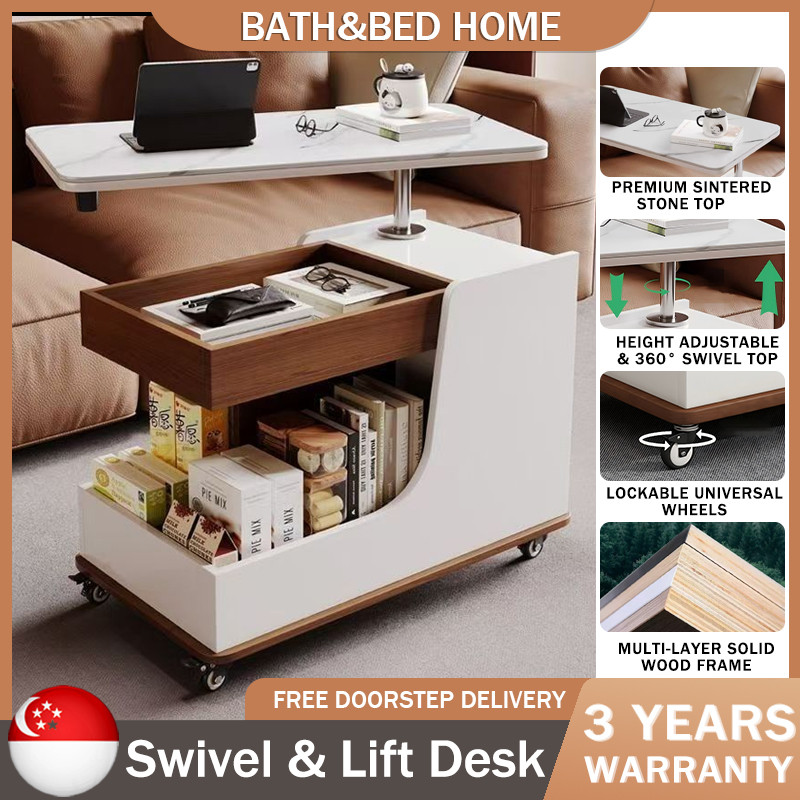 【Free Delivery】 BEDSIDE TABLE Adjustable Height 360° Rotating Top Mobile Side Table with 2-Tier Storage & Wheels