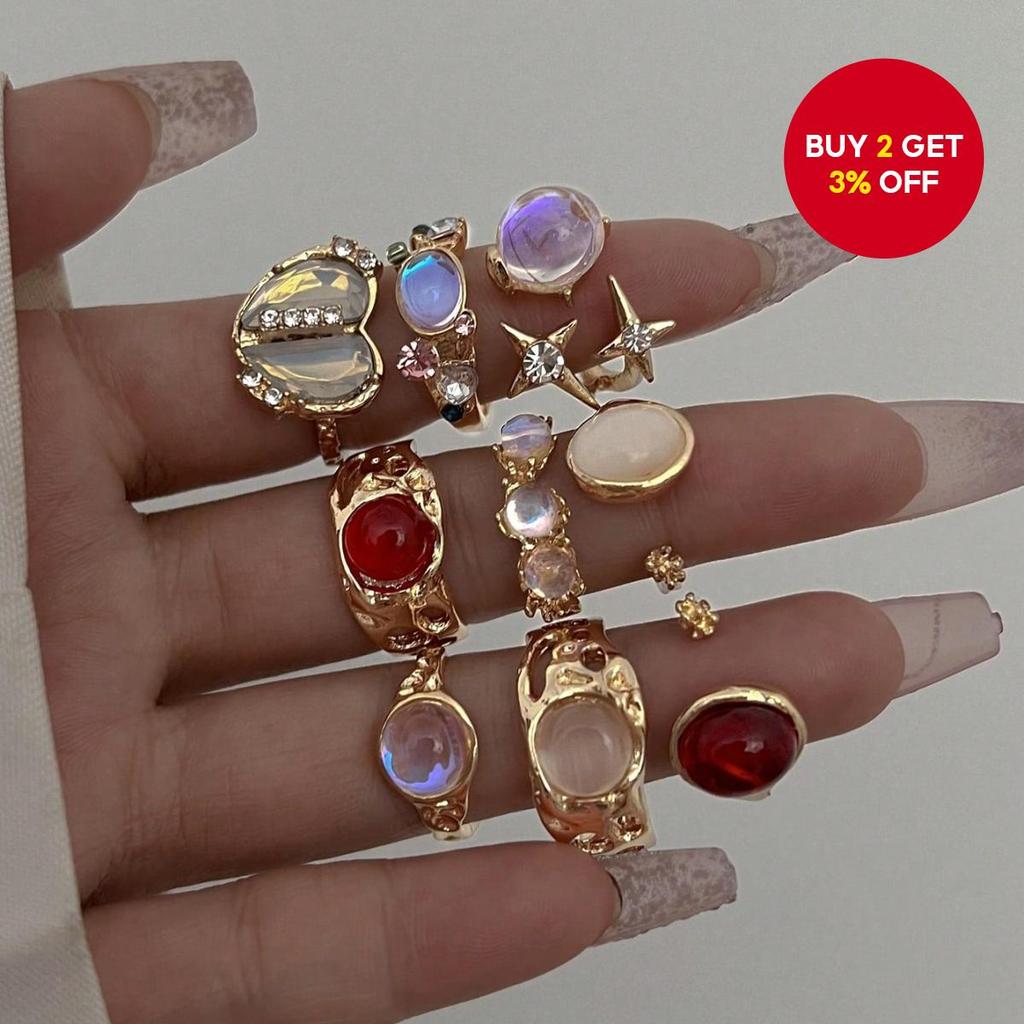 Vintage Punk 9-Piece Ring Set Faux Ruby Adjustable Cat Eye Rings Fashion Jewelry for Women
