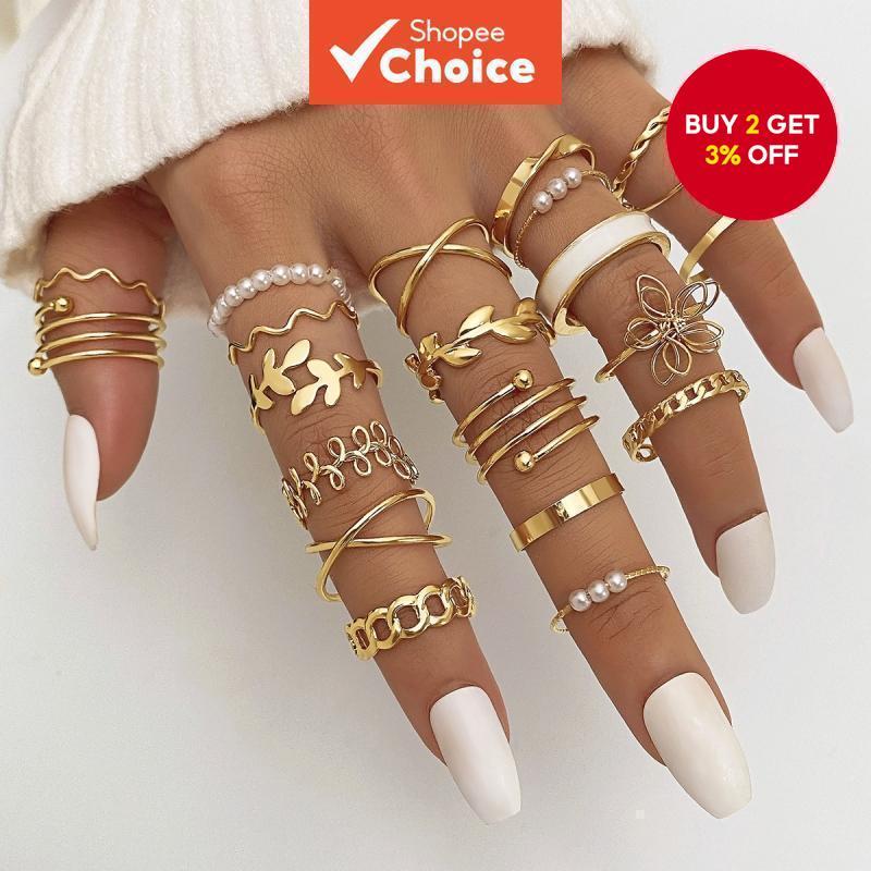 22Pcs Minimalist Ring Collection, Pearl, Flower, Leaf & Geometric Designs, Korean Simple Women's Jew