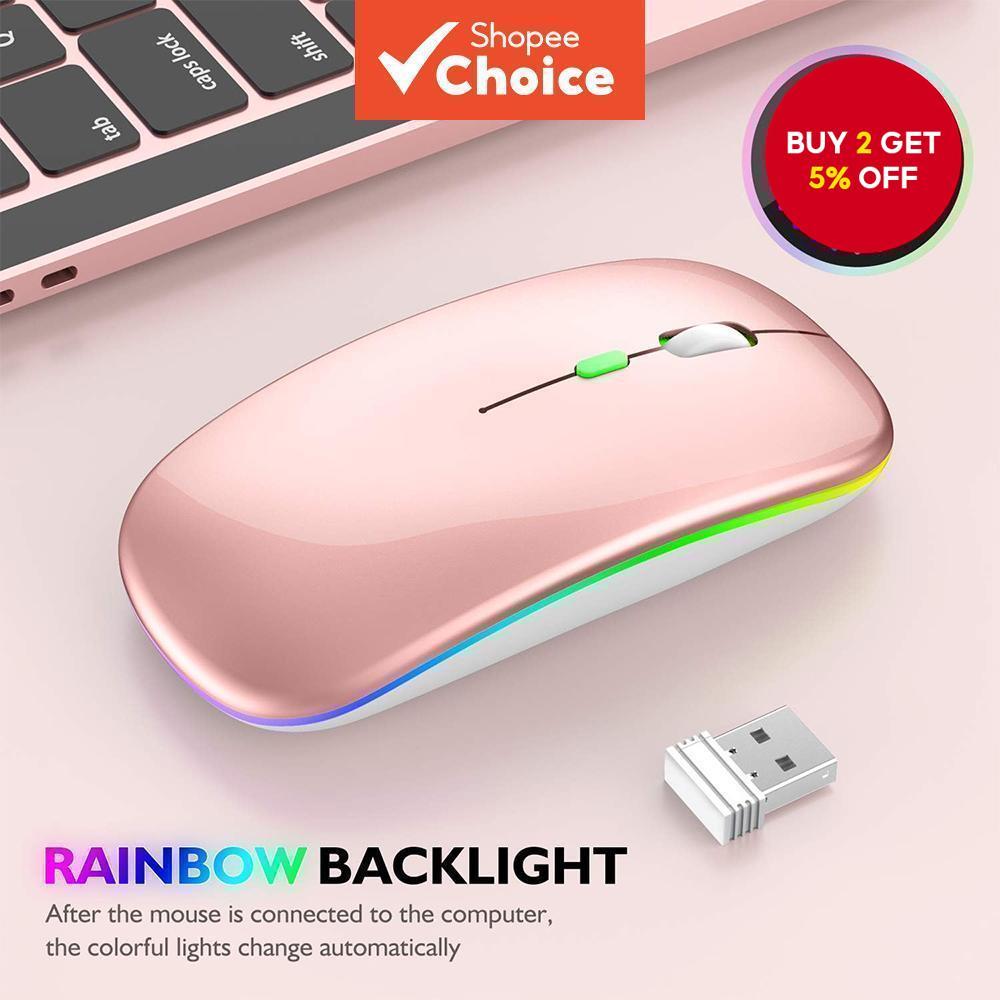 Rechargeable Wireless Mouse Slim LED Light 2.4GHz Bluetooth 5.2 Silent for Laptop Windows Mac PC