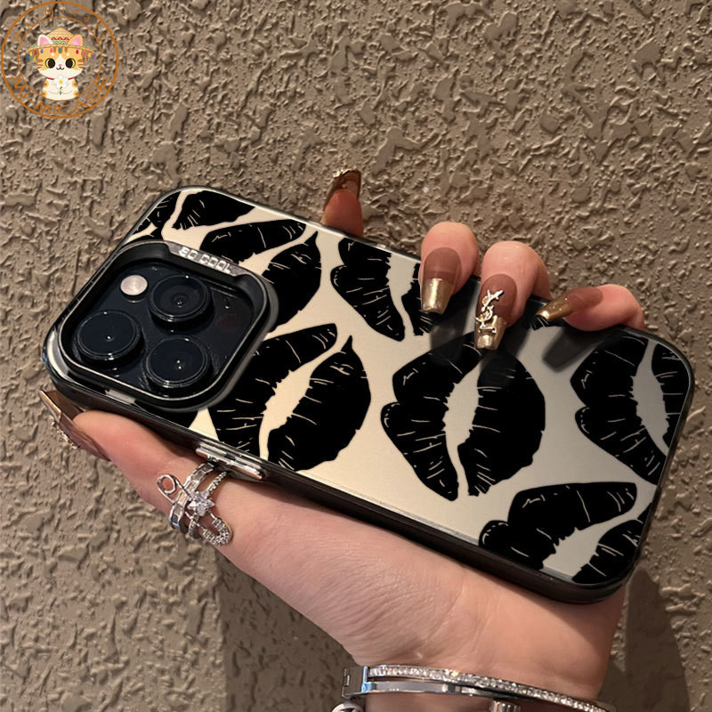 IMD Casing for IPhone 16E 15 14 13 12 11 Pro Max X Xr Xs 7 8 Plus INS Black lips Phone Case