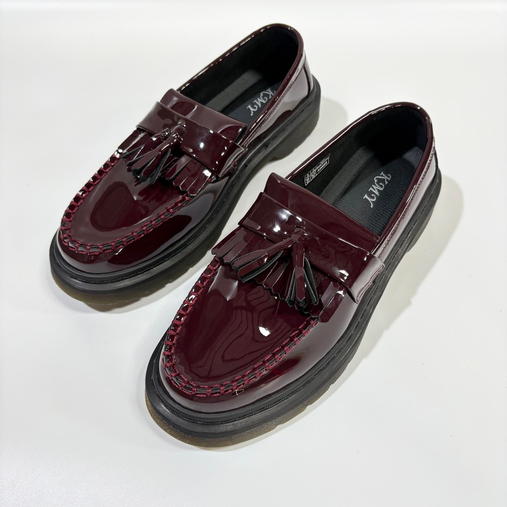 KMY New Cherry Red Color slip-on women men Tassel Design Shoes cowhide leather students loafers