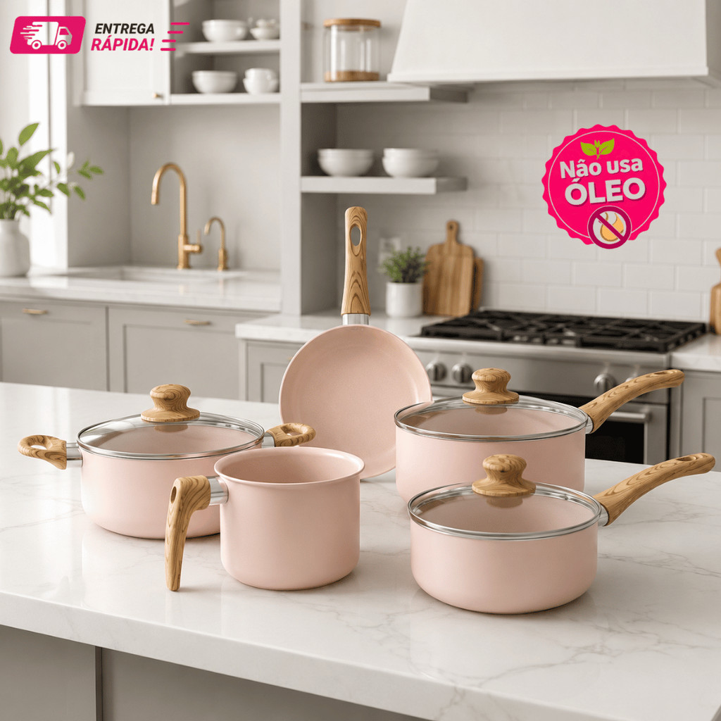 Kit Panelas Cerâmica 5 Peças Antiaderente Indução Nápoli Bege Rosado Rosa Claro Cozinha Completa