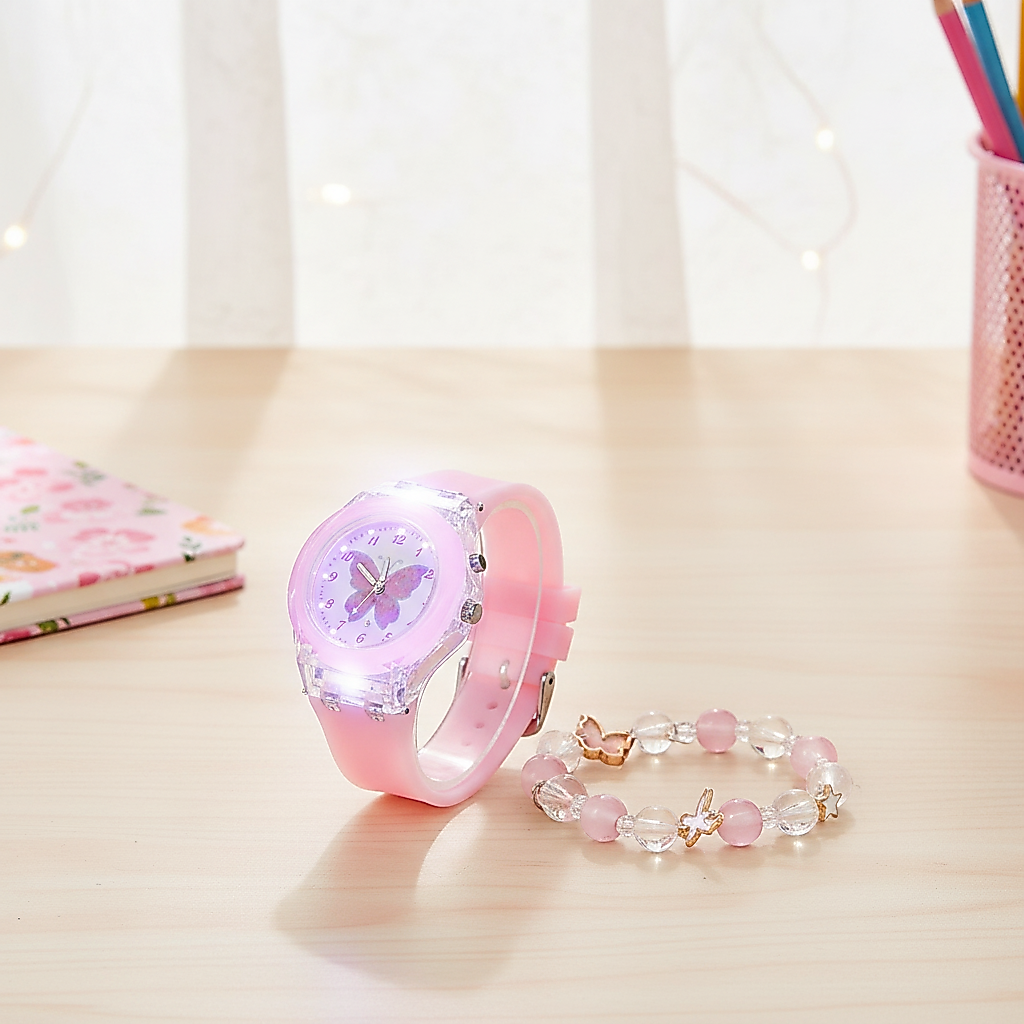 Kegllect Children's Butterfly Quartz Watch with Cute Cartoon Beaded Bracelet, Trendy Decorative Acce