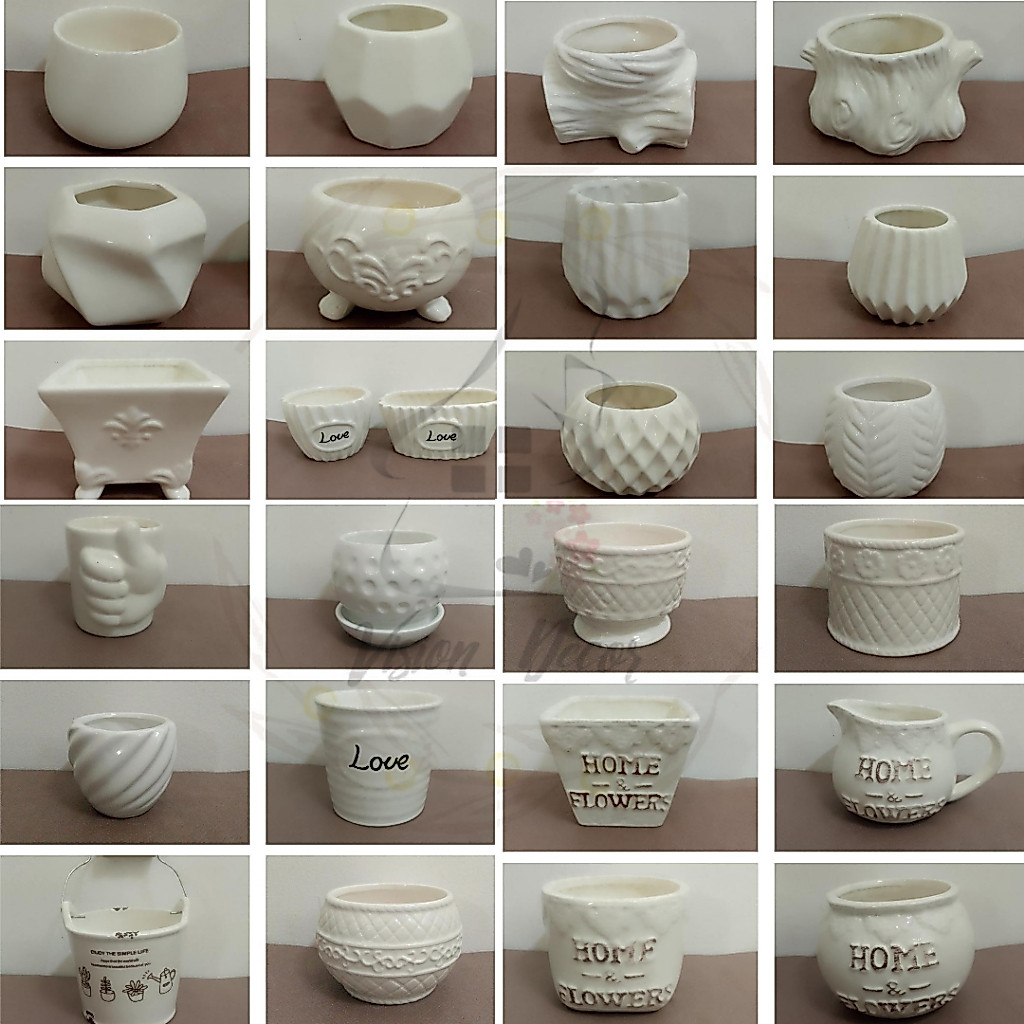White Assorted Design Ceramic Pot Vase For Centerpiece Various Patterns & Text Designs (NO HOLES)