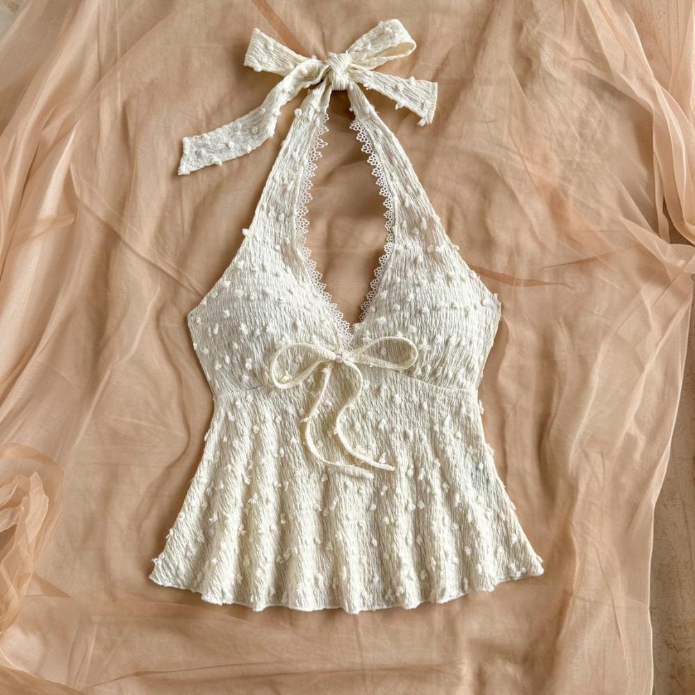 Ladies Floral Top, Textured Goose Yellow Top, Using Front Laced-Up V-Neck Halter Design, Very Suitab