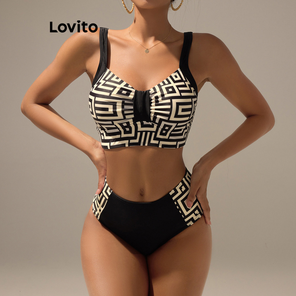 Lovito Women Vacation Bikini Sets Geometric Fabric Stitching Colorblock Bikini Sets LBL17663