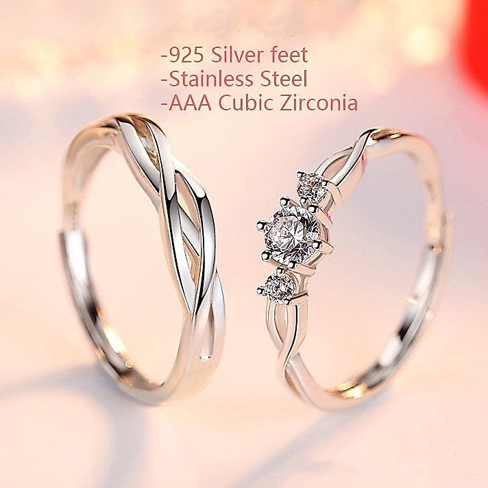 2pcs Silver Couple Ring Crystal Diamond Couple Wedding Adjustable Open Rings