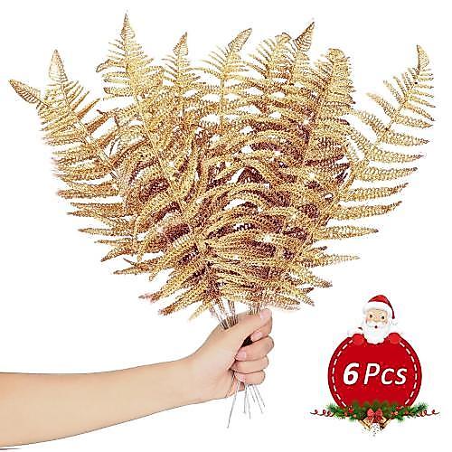 6Pcs Christmas Tree Leaves Xmas Decor Artificial Flower PACO Gold Leaf Simulation Hanging Ornament