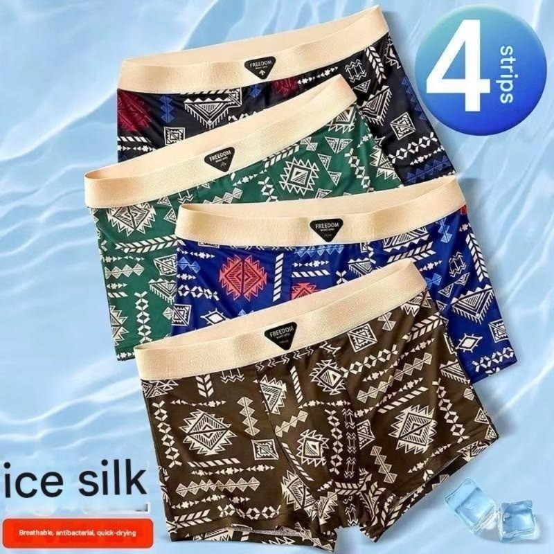 Mens Ethnic Style Underwear Trendy Breathable Boxer Briefs Comfortable Seamless Retro Four Corner Sh