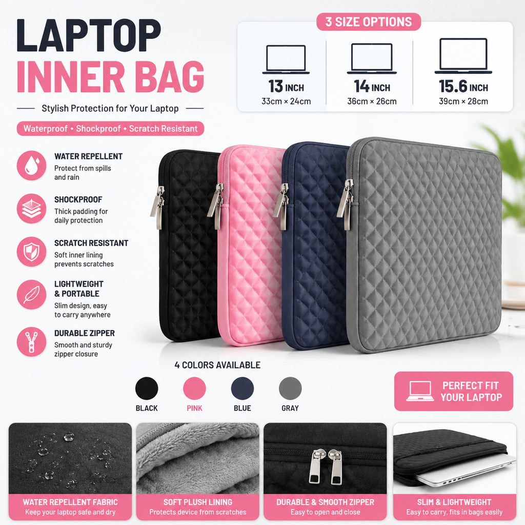 Laptop bag 13/14/15.6-inch diamond pattern zipper soft cover waterproof travel computer bag shell