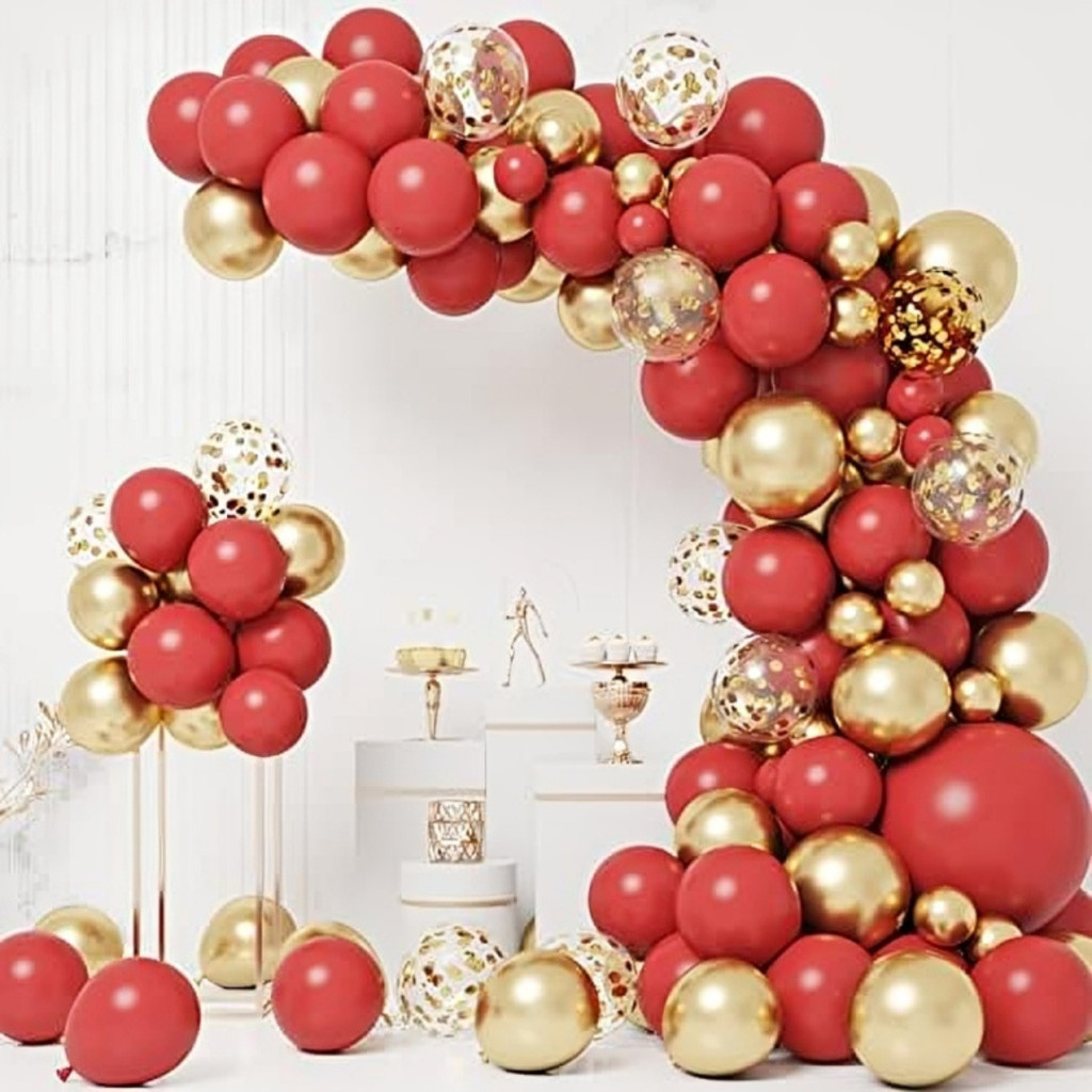 Kit 145 Balões Vermelho Luxo Bexiga Dourado Arco Desconstruído Decoração Festa Aniversario + Fita