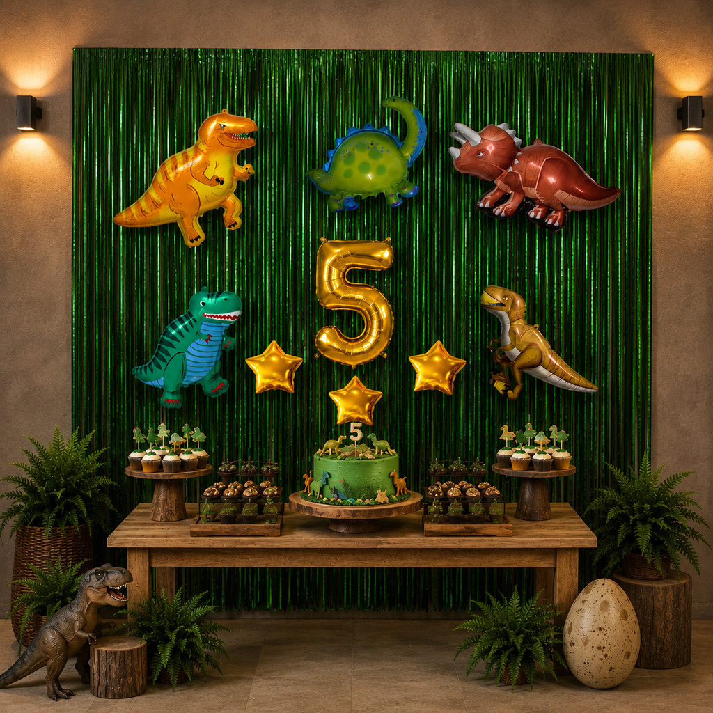 decoração infantil Dinossauro para Aniversário menino 5 Balões  2 Cortina Metalizada 1 numero