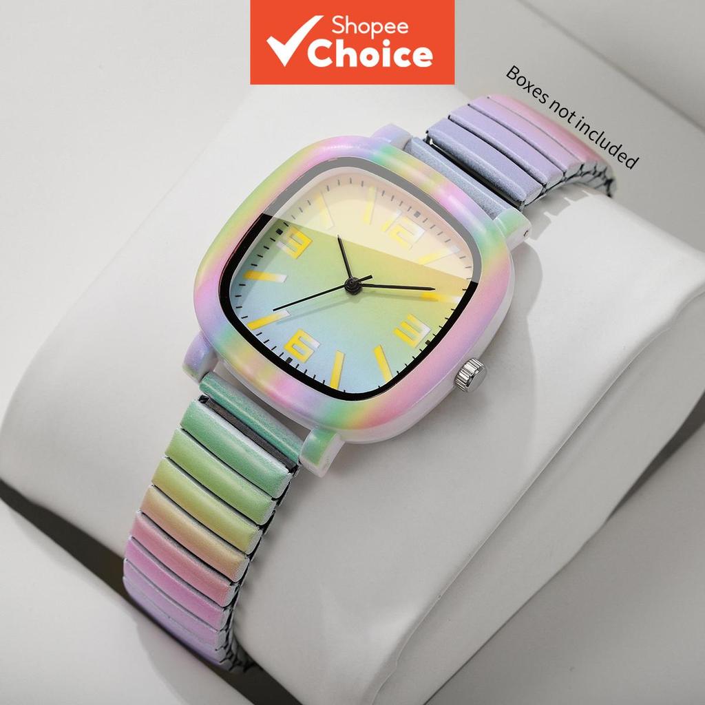 Fashion Rainbow Gradient Stretch Band Women's Square Quartz Watch Colorful Elastic Bracelet