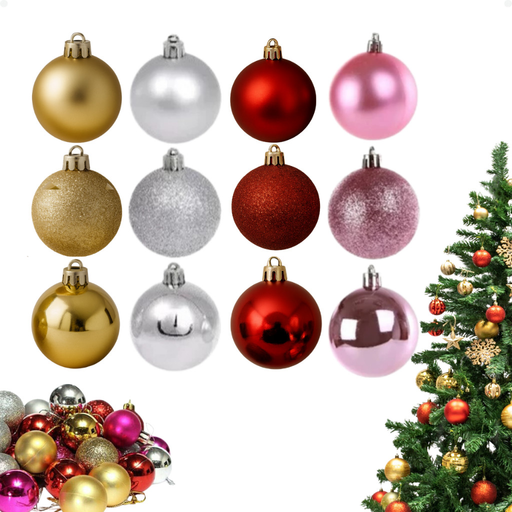Kit Bolinhas Enfeite de Árvore De Natal 3/4/5/6/7/8cm Mista Lisa Fosca Glitter Decoração Natalina