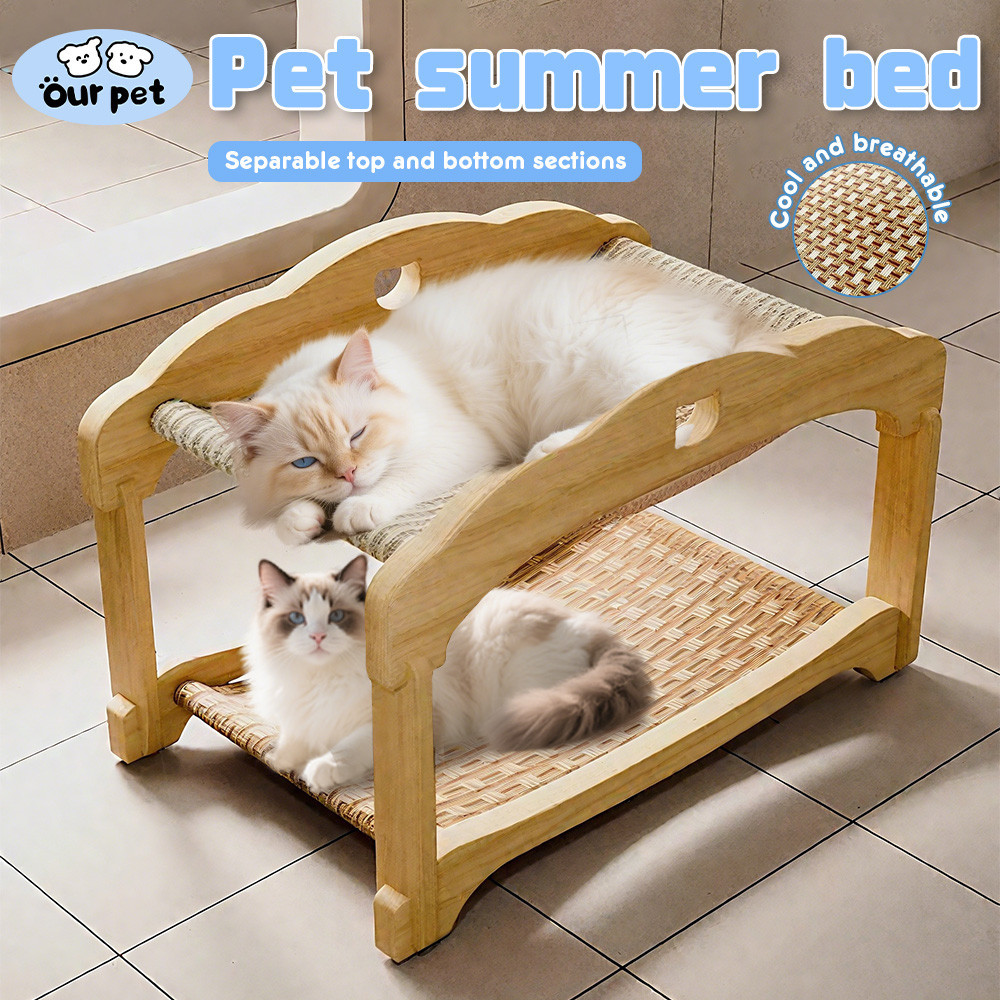 2-Tier Cat Bed Cat Scratching Board Wooden Wear-Resistant Breathable Elevated Cat Hammock