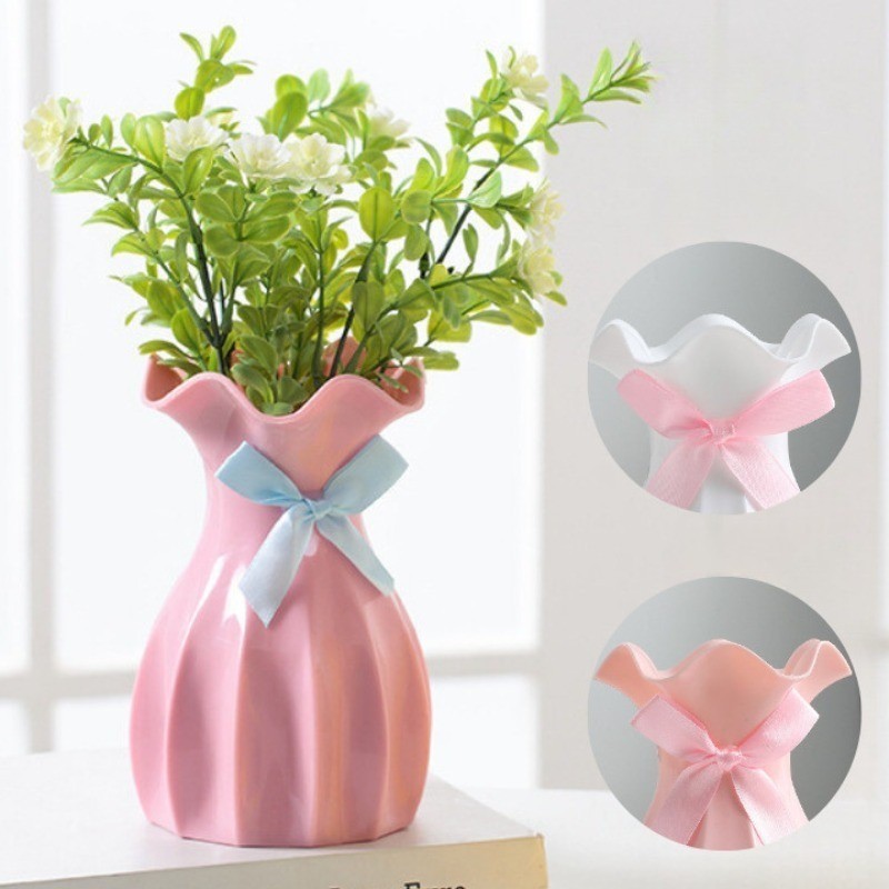 Plastic Flower Vase Wave Flower Vase with Bow Dried Flower Vase Desk Decoration Home Decorate