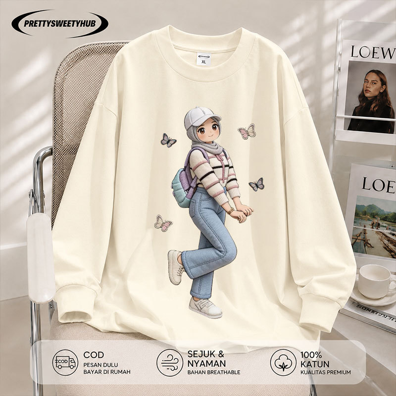 Pretty Sweety Hub - Kaos Digital Printing Lengan Panjang Tangan Karet Oversize Wanita | Motif Casual