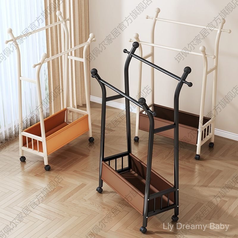 Floor-standing clothes rack for home use, double-rod floor-standing storage rack, carbon steel clothes drying rack, indoor bedroom clothes rack, mobile clothes drying rack