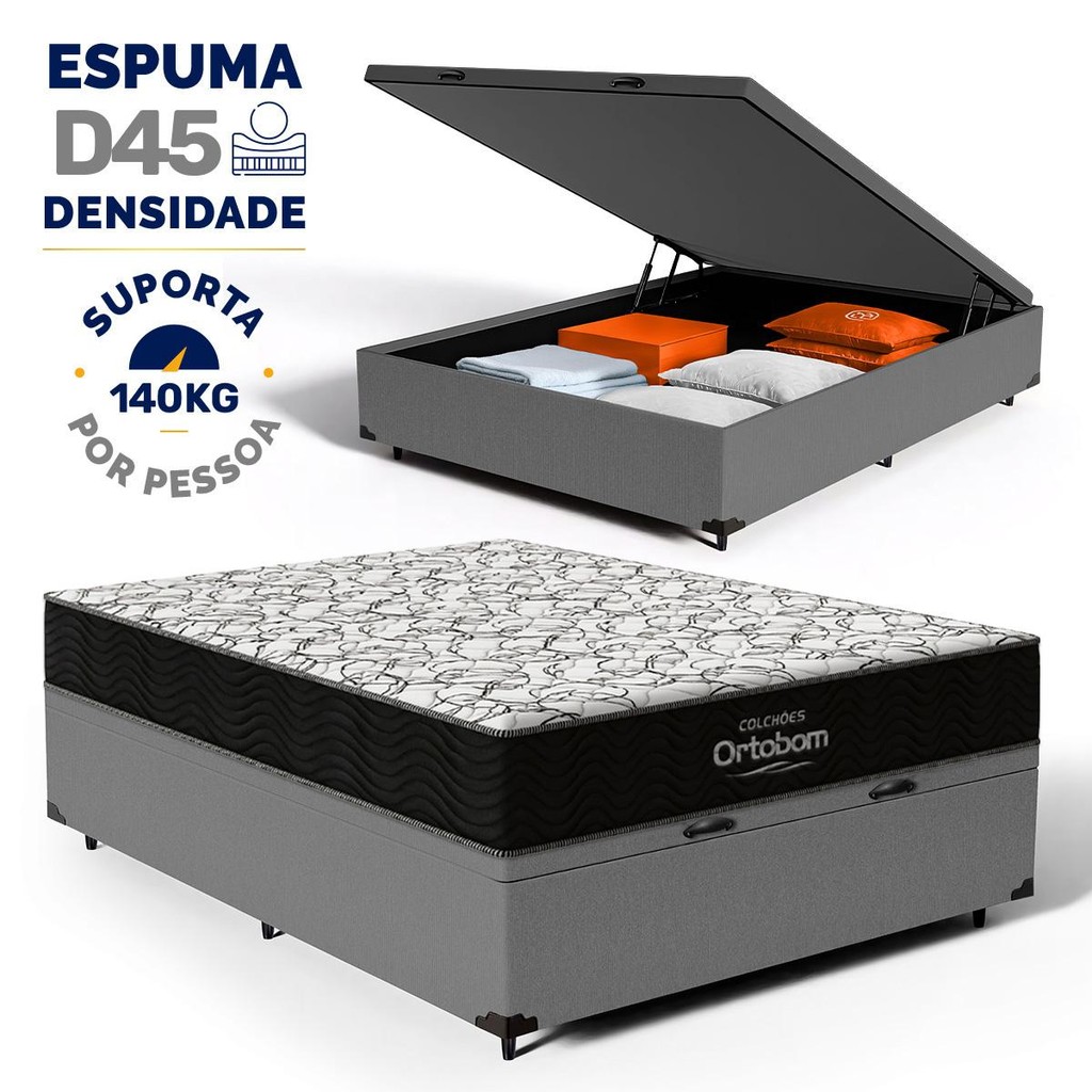 Cama Box Baú com Colchão de Espuma D45 Ortobom Airtech 150 Casal 138cm