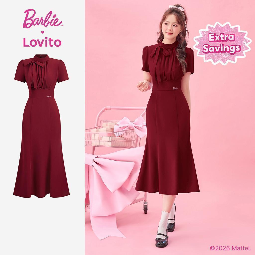 Barbie™ X Lovito Women Elegant Dress Korean Ruffle Hem Bow Front Spring/summer Claret Dress DRBL2PAD