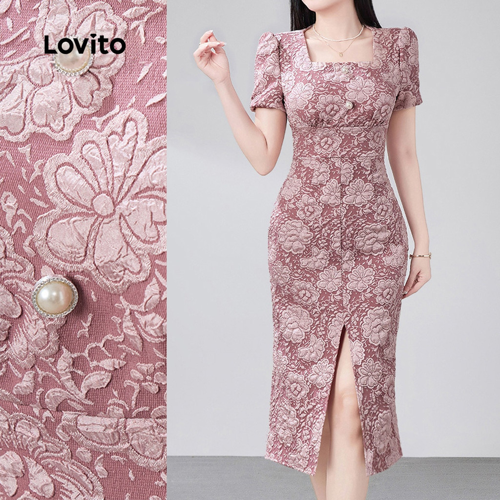 Lovito Women Elegant Floral Short Korean Puff Sleeve Square Neck Jacquard Structure Line Split Front