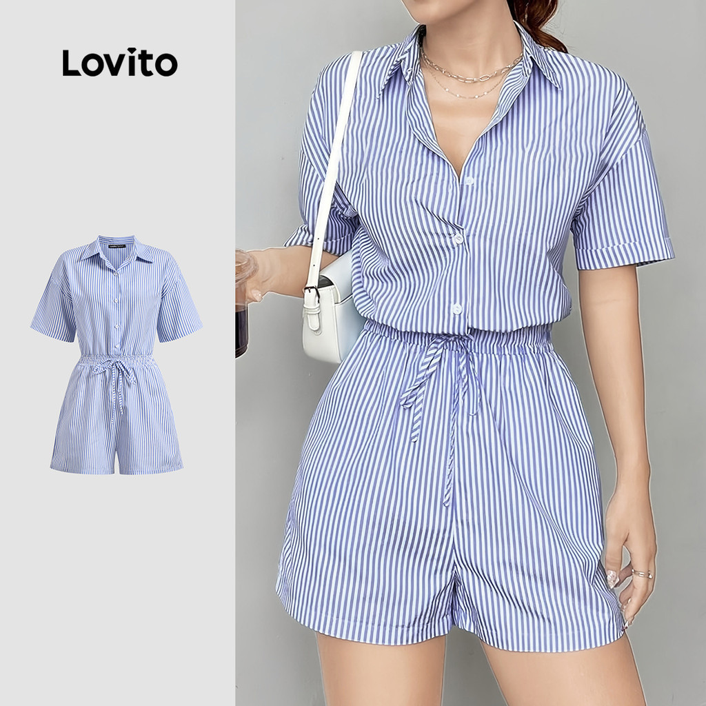 Lovito Women Blue Casual Jumpsuit Korean Striped Button Lace Up Summer/Spring Jumpsuit L131ED509