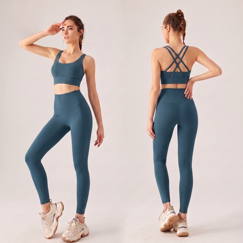 AirActive Leisure Active Wear Terno Workout Clothes Set: Cross Back Sports Bra + High Waist Yoga Pan