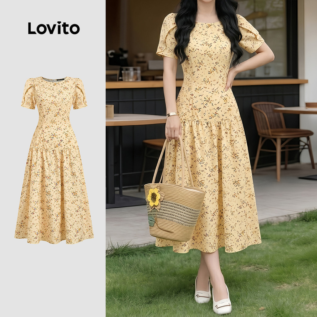 Lovito Women Casual Dress Leisure Commute Spring/summer Yellow Dress LK4PAD331