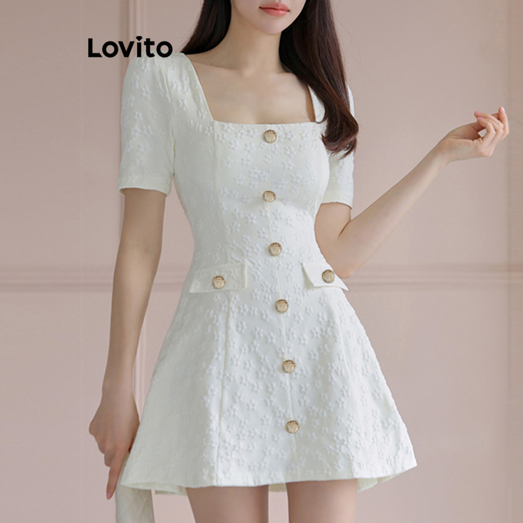 Lovito Women Elegant Dress Korean Button Front Fake Pocket Summer/Spring Dress LNE57329
