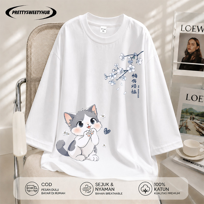 Pretty Sweety Hub - Kaos Wanita Oversize Lengan 7/8 Motif Kucing & Bunga Sakura Cute Korean Style Ca